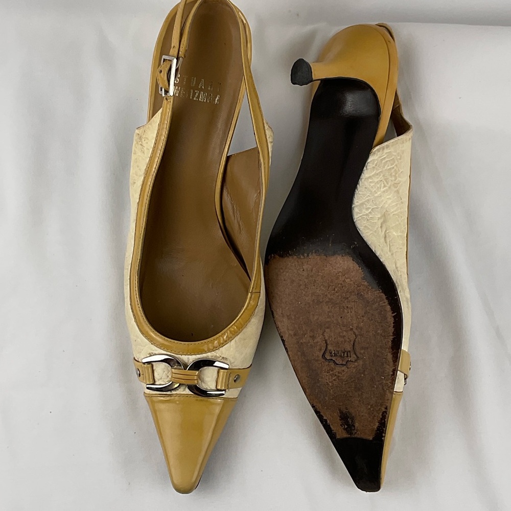 Stuart Weitzman‎ Yellow and Cream Slingback Heels - Picture 8 of 9